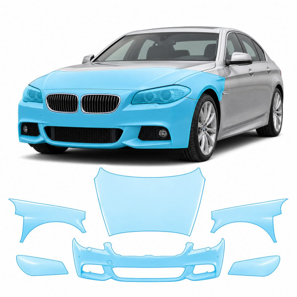 Антигравийная защитная бронепленка по лекалам для BMW 5 Series F10 2010-2013 - передняя часть авто (капот бампер фары крылья)