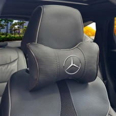 Подушка на підголівник з логотипом Mercedes-Benz Екошкіра 3D Кольоровий лого Чорний-Коричневий кант 1 шт