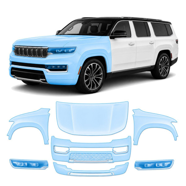 Антигравийная защитная бронепленка по лекалам для Jeep Grand Wagoneer WS 2021- передняя часть авто (капот бампер фары крылья)