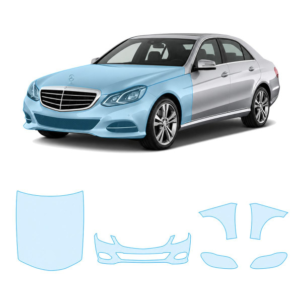 Антигравийная защитная бронепленка по лекалам для Mercedes-Benz E-Class W212 facelift 2013-2016 - передняя часть авто (капот бампер фары крылья)