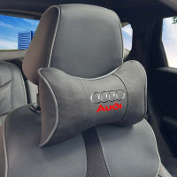 Подушка на підголівник з логотипом Audi Екошкіра 3D Кольоровий лого Чорна-Сірий кант 1 шт
