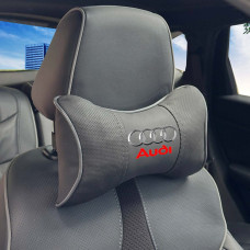 Подушка на подголовник с логотипом Audi Экокожа 3D Цветной лого Черная-Серый кант 1 шт