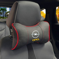 Подушка на підголівник з логотипом Opel Екошкіра 3D Кольоровий лого Чорна-Червоний кант 1 шт