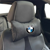 Подушка на подголовник с логотипом Bmw Экокожа 3D Цветной лого Черная-Черный кант 1 шт
