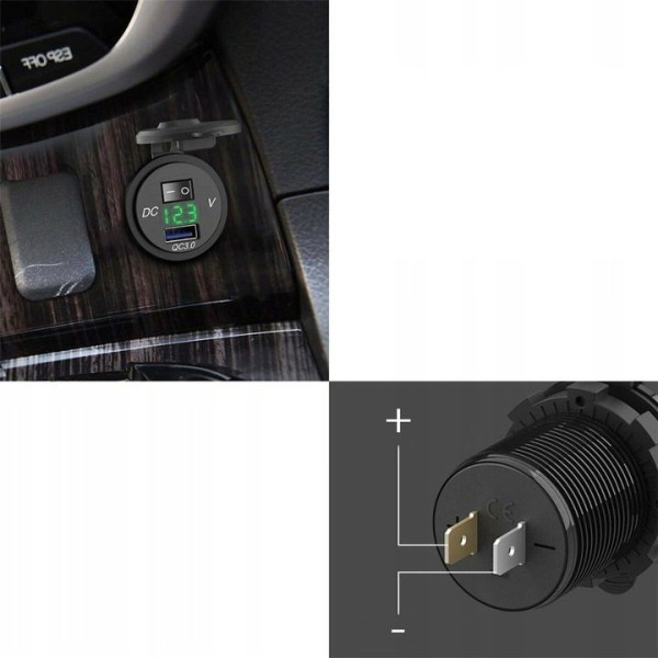 Гніздо Прикурювача під 1 USB Вольтметр DC 12-24V 5V підсвічування з різьбленням P10 Green QC 3.0 (Вимикач)