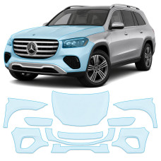 Антигравийная защитная бронепленка по лекалам для Mercedes-Benz GLS X167 facelift 2023- передняя часть авто (капот бампер фары крылья)
