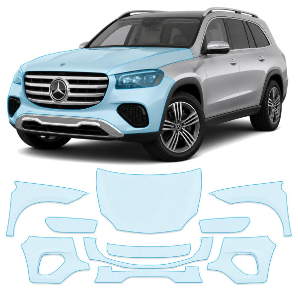 Антигравийная защитная бронепленка по лекалам для Mercedes-Benz GLS X167 facelift 2023- передняя часть авто (капот бампер фары крылья)