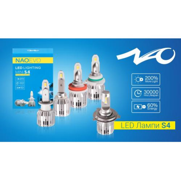 LED лампи для авто NAOEVO S4 LED H8 H9 H11 H16 Flip Chip 9-16V 2*30W 3600Lm EMERGENCY 3000K 6500K