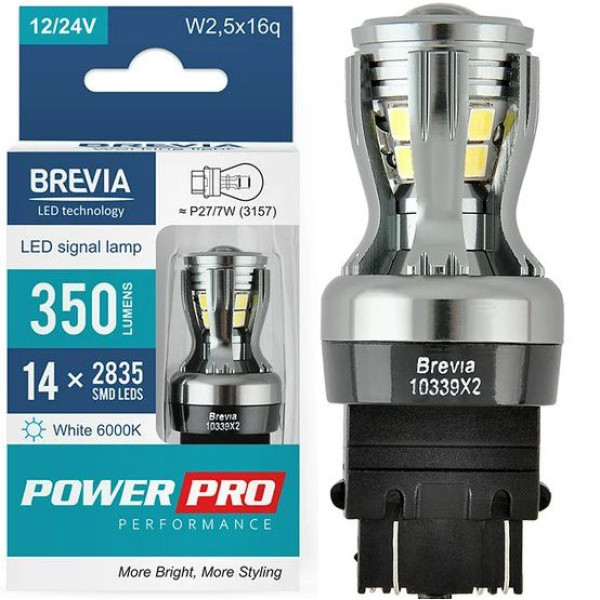 LED автолампа Brevia PowerPro 12/24V P27/7W 350Lm 14x2835SMD CANbus W2,5x16q 2 шт (10339X2)