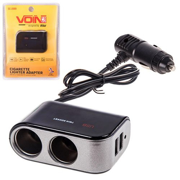 Автомобільний розгалужувач прикурювача VOIN 2 виходу 2 USB 2100mA 12/24V (SC-2069)