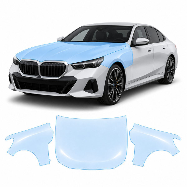 Антигравийная защитная бронепленка по лекалам для BMW i5 G60 2023- капот и передние крылья