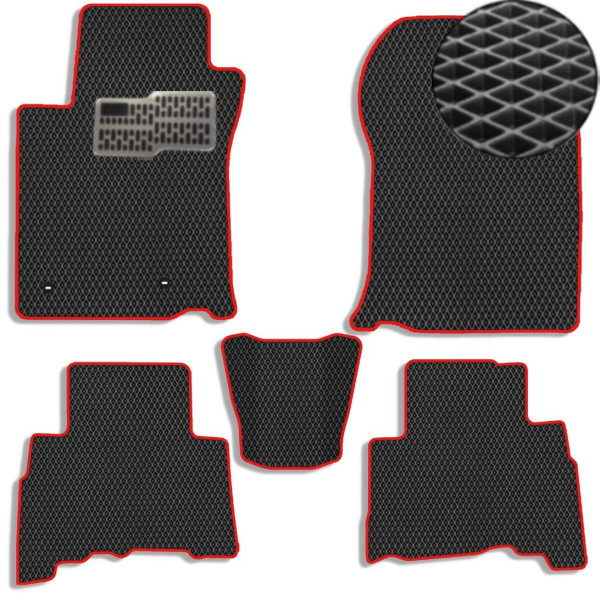 Коврики в салон EVA для Toyota Prado 150 2010-2021 (Металлический подпятник) Черные-Красный кант 5 шт