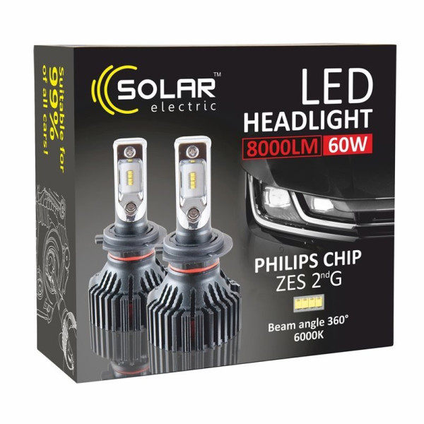 LED лампы автомобильные Solar H4 12/24 8000Lm 60W 6500K IP67 Радиатор и кулер 2 шт (8304)