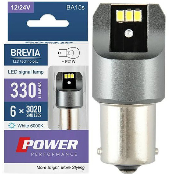 LED автолампа Brevia Power 12/24V T25 P21W 6x3020SMD 330Lm 6000K CANbus BA15s 2 шт (10101X2)