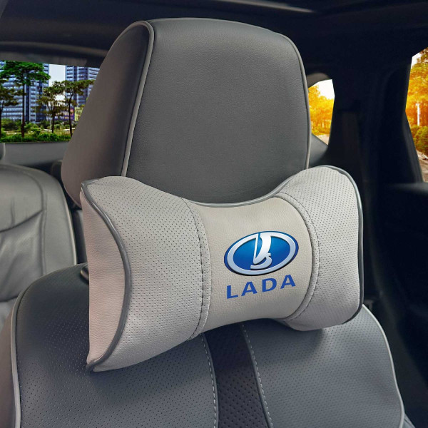 Подушка на подголовник с логотипом Lada Экокожа 3D Цветной лого Серые-Серый кант 1 шт