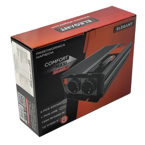 Перетворювач напруги Elegant 12V - 220V 1000W-2000W З Розетками 1 USB Клеми (EL 101 401)