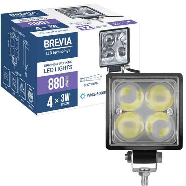 LED фара Brevia Sport Далеке світло 10-30V 12W 880Lm Алюмінієвий корпус IP68 (10602QLX1)