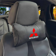 Подушка на підголівник з логотипом Mitsubishi Екошкіра 3D Кольоровий лого Чорна-Чорний кант 1 шт