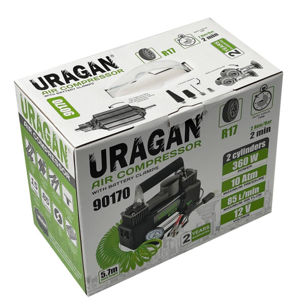 Автомобільний компресор URAGAN 12V Двопоршневий 30А 85л 360Вт 5,7 м шланг на клемах (90170)