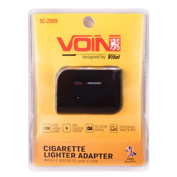 Автомобільний розгалужувач прикурювача VOIN 2 виходу 2 USB 2100mA 12/24V (SC-2069)