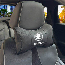 Подушка на підголовник з логотипом Skoda Екошкіра 3D Кольоровий лого Чорний-Чорний кант 1 шт