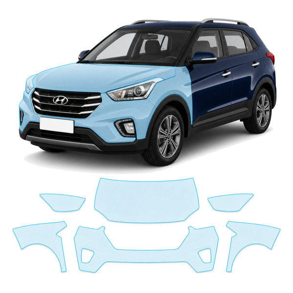 Антигравийная защитная бронепленка по лекалам для Hyundai Creta I facelift 2018-2019 - передняя часть авто (капот бампер фары крылья)