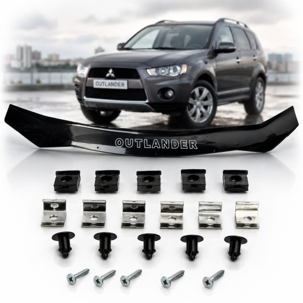 Дефлектор капота мухобойка Mitsubishi Outlander XL 2009-2012 (Рестайлинг) Евро крепления Voron Glass