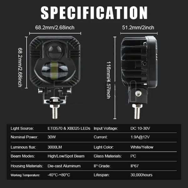 Bi-LED Фара додаткова Квадрата 65x65x50 мм 10-80V W/Y P-66-40W 4 390 (Біле та Жовте Світло)