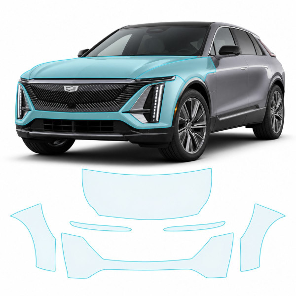 Антигравийная защитная бронепленка по лекалам для Cadillac Lyriq EV 2022- передняя часть авто (капот бампер фары крылья)