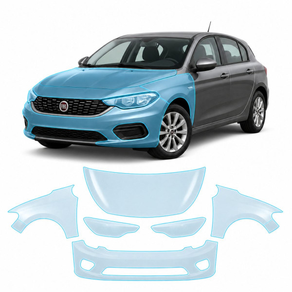 Антигравийная защитная бронепленка по лекалам для Fiat Tipo II 2015-2020 - передняя часть авто (капот бампер фары крылья)