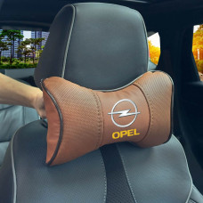Подушка на підголівник з логотипом Opel Екошкіра 3D Кольоровий лого Коричневий-Коричневий кант 1 шт