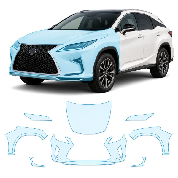 Антигравийная защитная бронепленка по лекалам для Lexus RX AL20 facelift 2019-2022 - передняя часть авто (капот бампер фары крылья)
