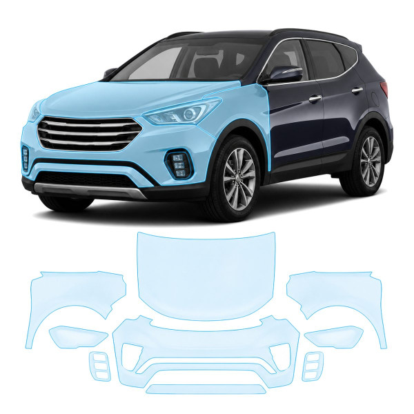 Антигравийная защитная бронепленка по лекалам для Hyundai Santa Fe DM facelift 2016-2018 - передняя часть авто (капот бампер фары крылья)