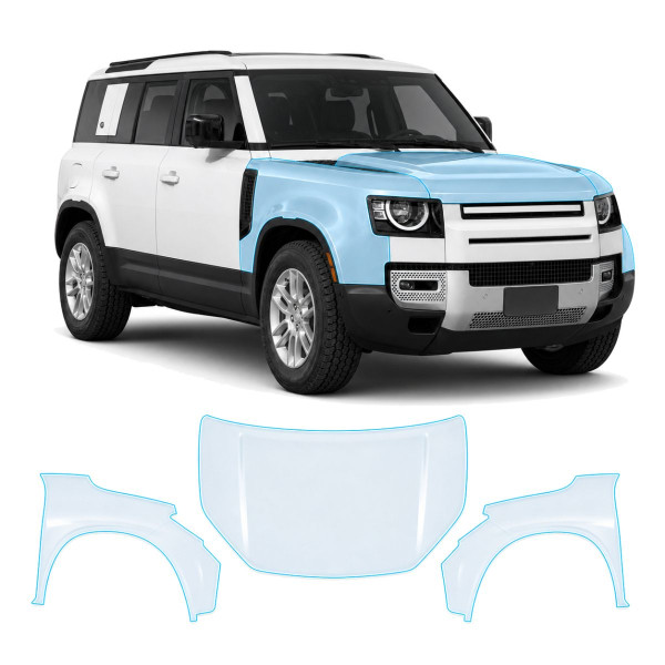 Антигравийная защитная бронепленка по лекалам для Land Rover Defender L663 2020- капот и передние крылья