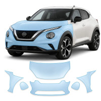 Антигравийная защитная бронепленка по лекалам для Nissan Juke F16 facelift 2024- передняя часть авто (капот бампер фары крылья)
