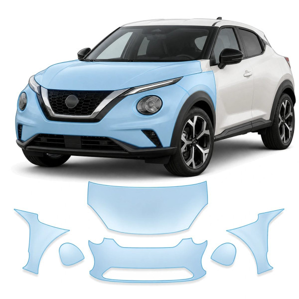 Антигравийная защитная бронепленка по лекалам для Nissan Juke F16 facelift 2024- передняя часть авто (капот бампер фары крылья)