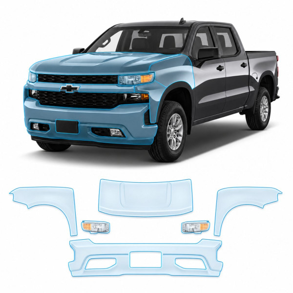 Антигравийная защитная бронепленка по лекалам для Chevrolet Silverado IV 2019-2021 - передняя часть авто (капот бампер фары крылья)