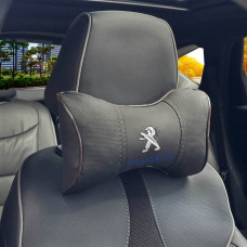 Подушка на підголівник з логотипом Peugeot Екошкіра 3D Кольоровий лого Чорна-Коричневий кант 1 шт