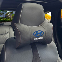 Подушка на підголівник з логотипом Hyundai Екошкіра 3D Кольоровий лого Чорна-Коричневий кант 1 шт
