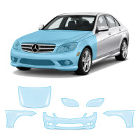 Антигравийная защитная бронепленка по лекалам для Mercedes-Benz C-Class W204 2007-2011 - передняя часть авто (капот бампер фары крылья)