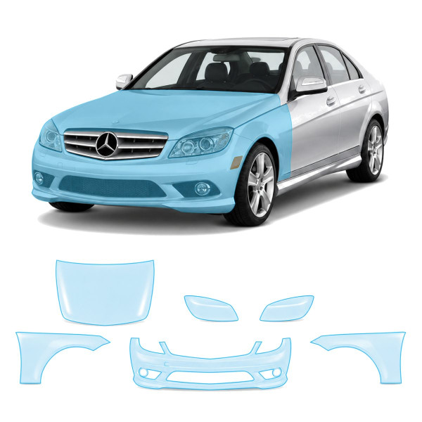 Антигравийная защитная бронепленка по лекалам для Mercedes-Benz C-Class W204 2007-2011 - передняя часть авто (капот бампер фары крылья)