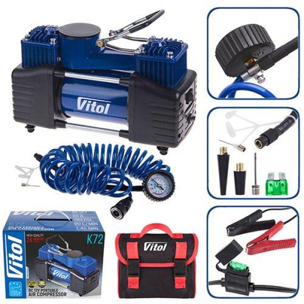 Компрессор автомобильный двухпоршневой Vitol 12v 360вт 90л 10атм 25А с дефлятором (K-72)