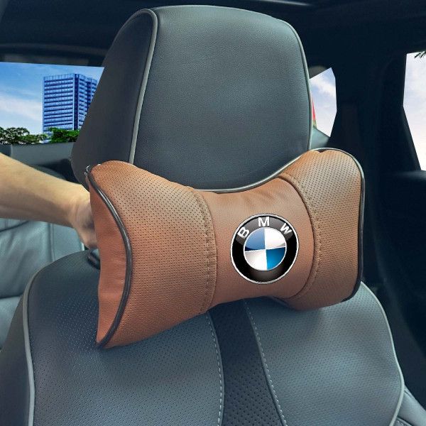 Подушка на подголовник с логотипом Bmw Экокожа 3D Цветной лого Коричневые-Коричневый кант 1 шт