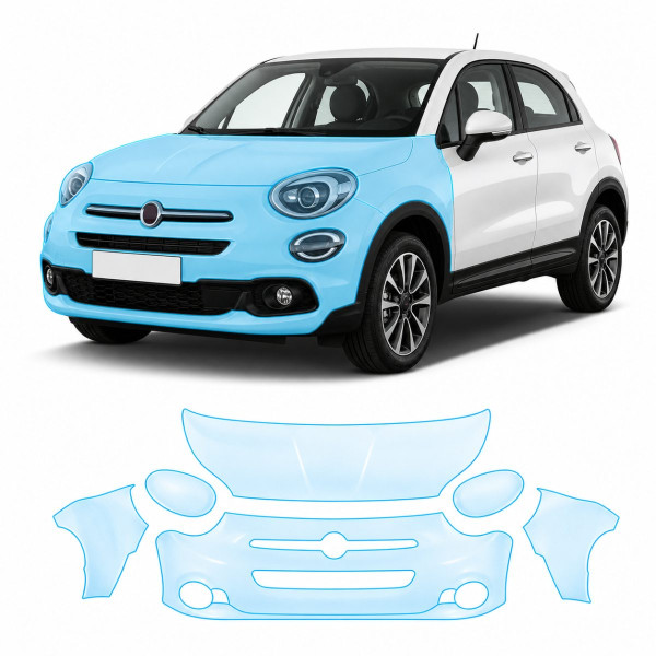 Антигравийная защитная бронепленка по лекалам для Fiat 500X I facelift 2019-2023 - передняя часть авто (капот бампер фары крылья)