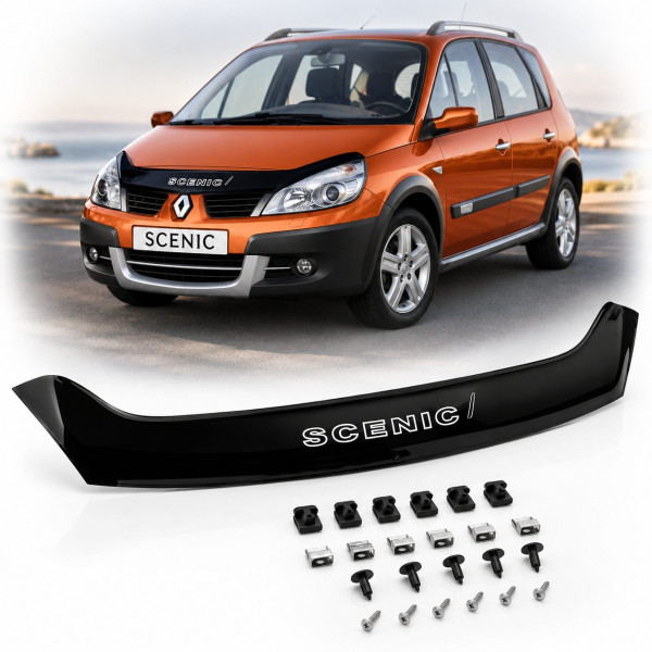 Дефлектор капота мухобійка Renault Scenic II 2003-2009 (Євро Кріплення) Voron Glass