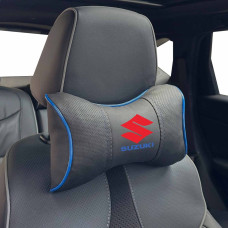 Подушка на підголівник з логотипом Suzuki Екошкіра 3D Кольоровий лого Чорна-Синій кант 1 шт