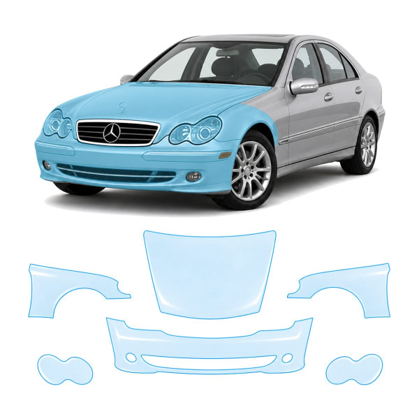 Антигравийная защитная бронепленка по лекалам для Mercedes-Benz C-Class W203 facelift 2004-2007 - передняя часть авто (капот бампер фары крылья)