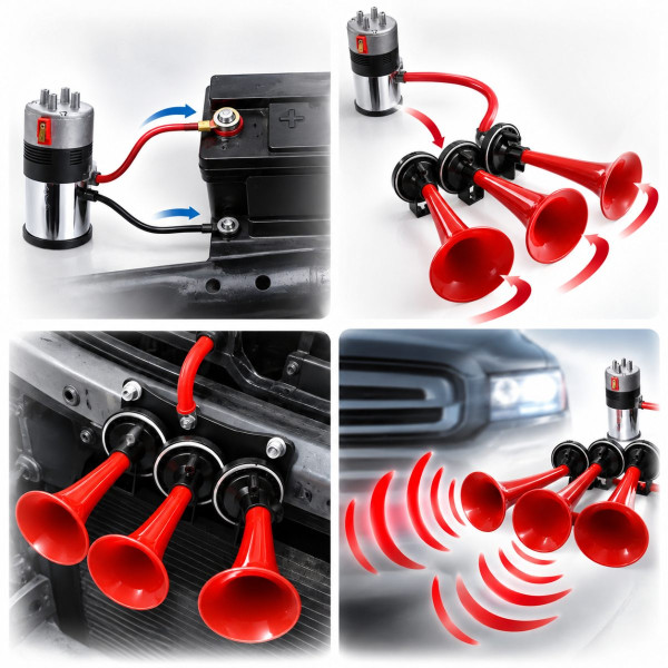 Сигнал автомобильный воздушный Elegant 12V три дудки Красный (EL 100 748 / 1015R)