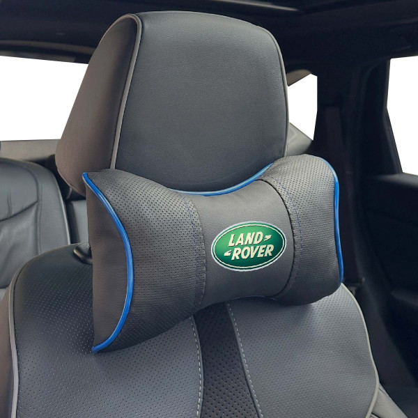 Подушка на підголівник з логотипом Land Rover Екошкіра 3D Кольоровий лого Чорна-Синій кант 1 шт
