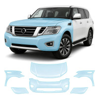 Антигравийная защитная бронепленка по лекалам для Nissan Patrol Y62 facelift 2 2014-2019 - передняя часть авто (капот бампер фары крылья)